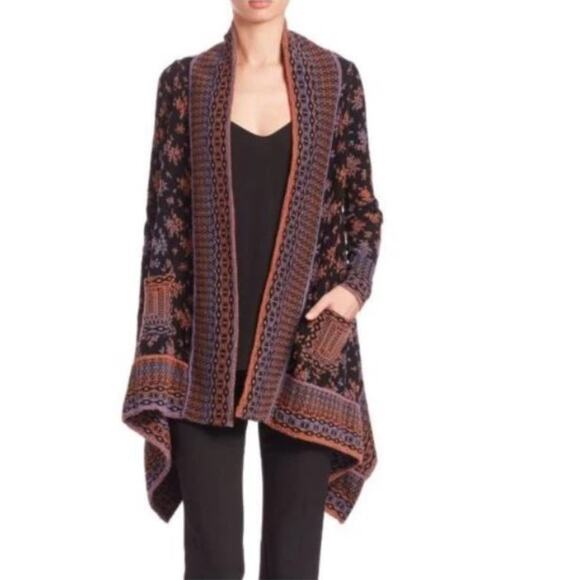 Nanette Lepore Bianca Jacquard Black Copper Purple Patterned Wool Cardigan Large - Picture 1 of 11